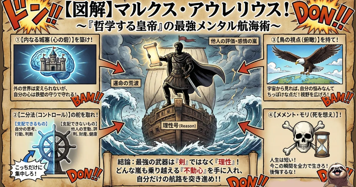 【図解】マルクス・アウレリウス（自省録）の最強メンタル術：1.内なる城塞（心の守り）、2.コントロールの二分法（選択と集中）、3.鳥の視点（客観視・メタ認知）、4.メメント・モリ（死を想う）という、ストア派皇帝が実践した4つの哲学的航海術