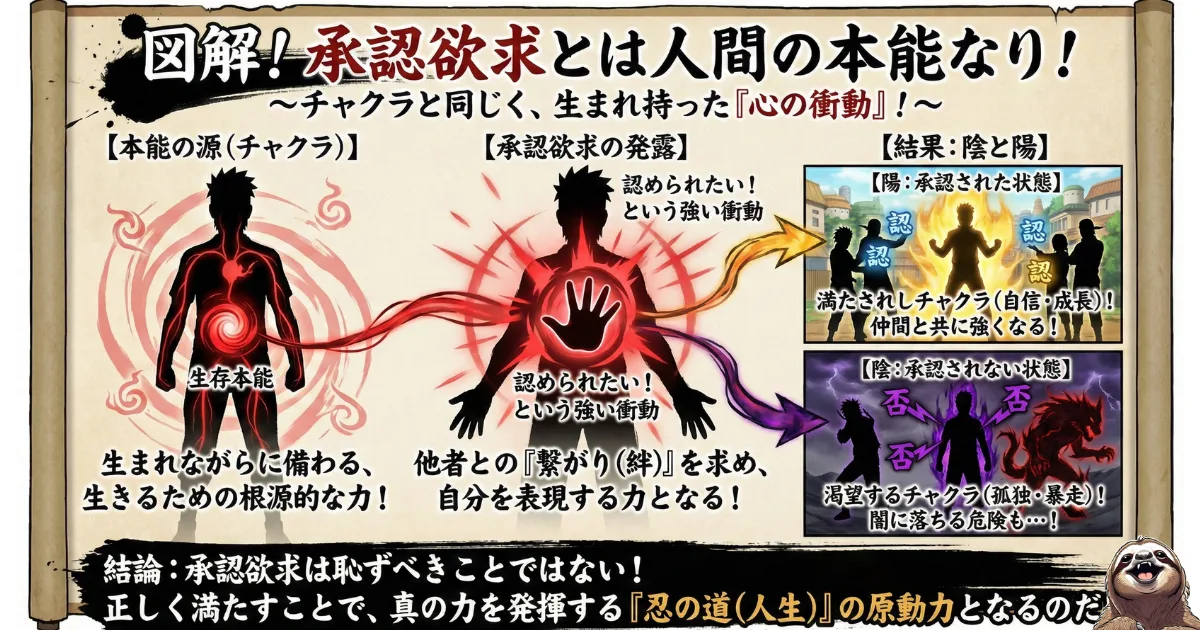 【図解】承認欲求はチャクラ(本能)である:ナルトの世界観を用いた心理学解説。承認欲求を「生存本能」と定義し、正しく満たされれば「信頼・成長(陽)」に、拒絶されれば「孤独・暴走(陰)」になるメカニズムを示したイラスト