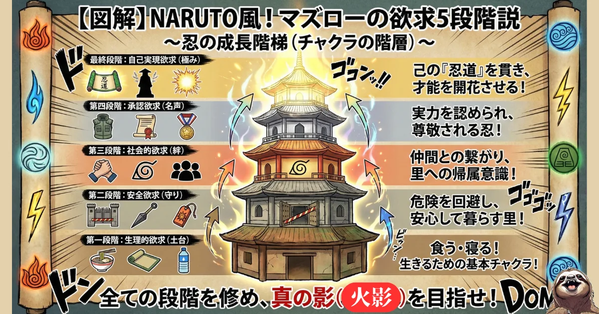 【図解】NARUTO風・マズローの欲求5段階説:1.生理的欲求(ラーメン・生存)、2.安全欲求(里の守り)、3.社会的欲求(仲間・絆)、4.承認欲求(名声・実力)、5.自己実現欲求(忍道・火影)の階層を示し、承認欲求が成長に必要なステップであることを解説したチャート