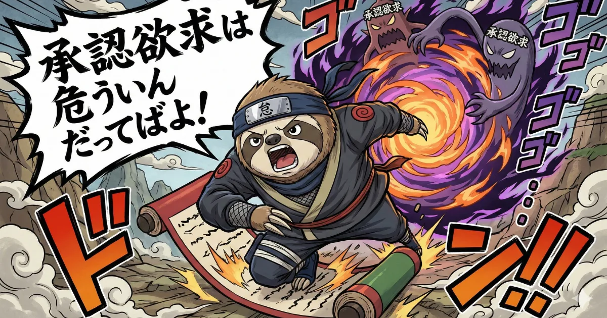 【イラスト】承認欲求の暴走と危険性:ナルト風のナマケモノが、闇(依存・執着)と化した承認欲求の化物から逃げる様子。SNS疲れやメンタル崩壊を防ぐため、欲求に飲み込まれずコントロールする必要性を説く警告画像