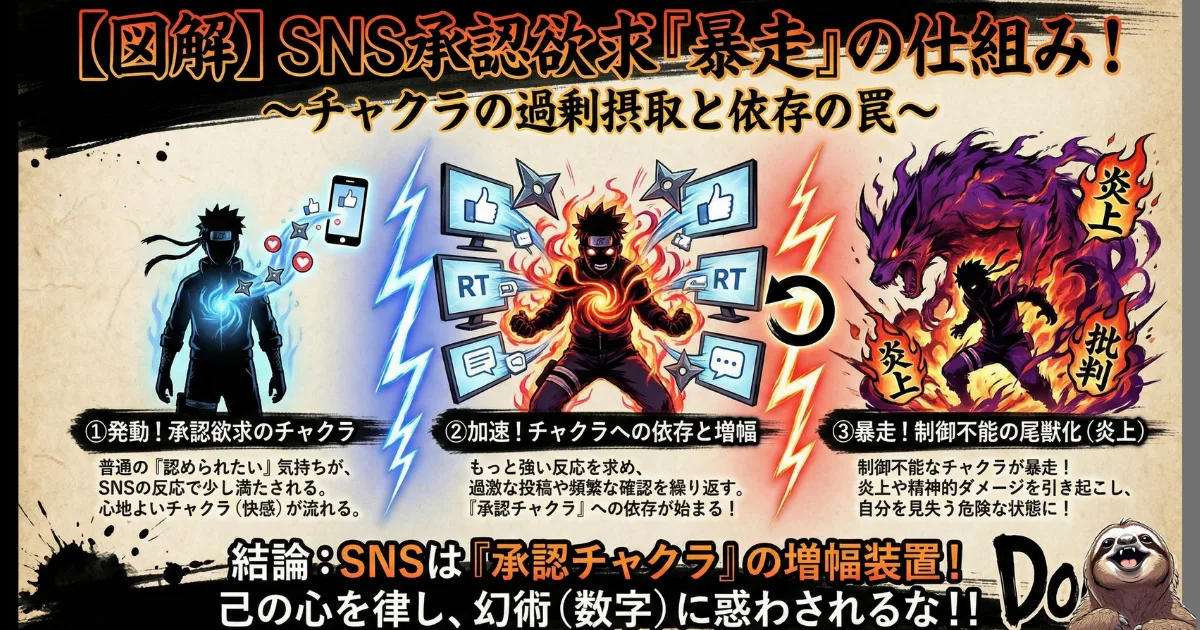 【図解】SNS承認欲求『暴走』の仕組み:1.発動(快感・チャクラ流入)、2.加速(依存・増幅)、3.暴走(炎上・尾獣化)という3段階で、承認欲求が自己を飲み込み制御不能になるプロセスを解説。数字(幻術)に惑わされず心を律する重要性を説いた図