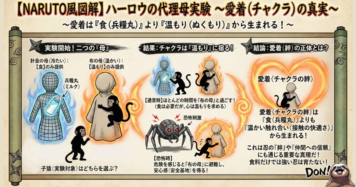 【NARUTO風図解】ハーロウの代理母実験と愛着の真実:子猿がミルク(食)を出す針金の母より、温もり(接触の快適さ)をくれる布の母を選ぶ心理学実験。愛着形成には「安全基地」となる温かい絆が不可欠であることを示したイラスト