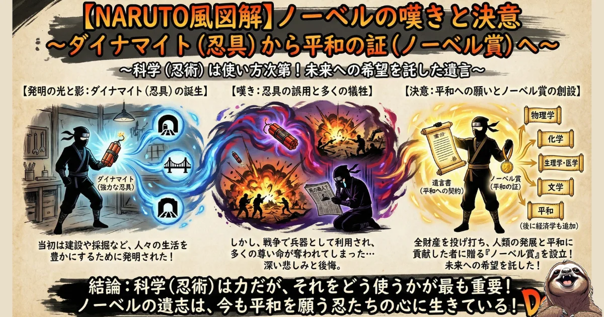 【NARUTO風図解】アルフレッド・ノーベルの決意と承認欲求の昇華:ダイナマイト(忍具)の発明者が「死の商人」という悪名を背負いながらも、その力を「平和の証(ノーベル賞)」に変えた実話。力や欲求は使い方次第で未来を変えることを示したイラスト
