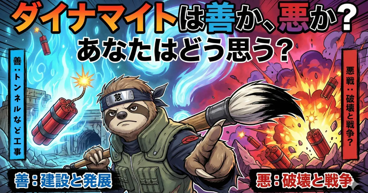 【問いかけ】承認欲求は善か悪か?:ダイナマイトが使い方次第で「トンネル建設(発展)」にも「戦争(破壊)」にもなるように、承認欲求も使い方次第であると説くナルト風のイラスト。SNSでの欲求を悪と決めつけず、道具として使いこなす心理学