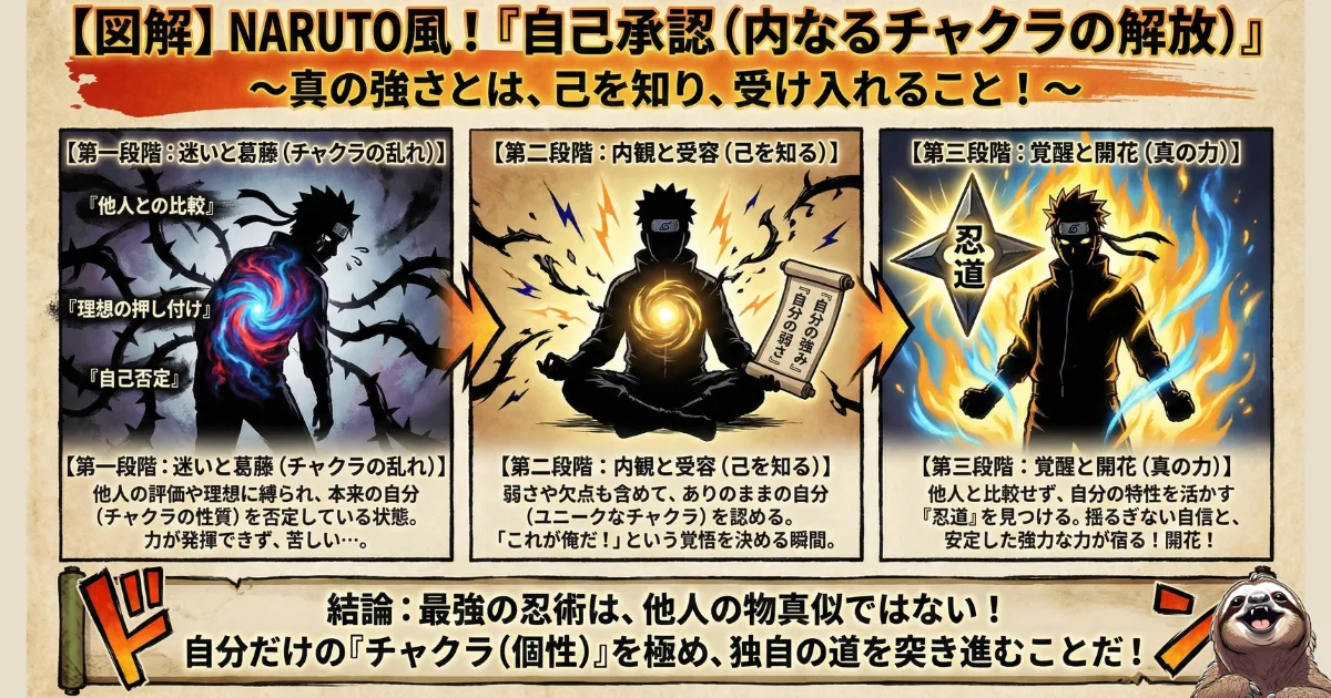 【図解】自己承認による覚醒プロセス:1.他者比較による「迷いと葛藤」、2.弱さと強みを受け入れる「内観と受容」、3.独自の個性を発揮する「覚醒と開花」の3段階をNARUTO風に描いたチャート。他人の物真似ではなく「忍道(自分軸)」を貫く心理学