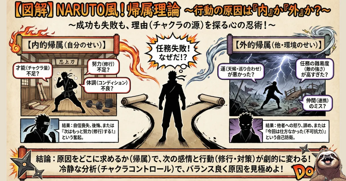 【図解】NARUTO風・帰属理論(ワイナー):成功や失敗の原因を「内的(努力・才能)」に求めるか、「外的(運・環境)」に求めるかで、その後の感情や行動が変わる心理メカニズム。SNS疲れや自信喪失を防ぐため、バランスよく原因を分析する重要性を説いた図