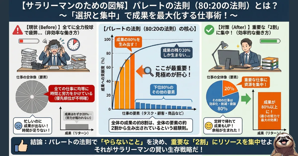 【図解】パレートの法則(80:20の法則)と仕事の効率化:成果の80%は全体の要素の2割から生まれるという経験則。全ての仕事に全力投球する非効率な働き方から、重要な2割にリソースを集中させる「選択と集中」へのシフトを解説したチャート