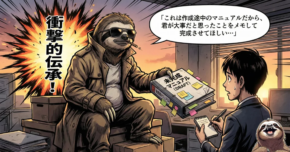 【イラスト】新人教育の裏ワザ「未完成マニュアル」の伝承:上司があえて作成途中のマニュアル(ドラフト版)を渡し、「君がメモして完成させてほしい」と任せる様子。新人に当事者意識を持たせ、能動的に仕事を覚えさせるための戦略的指導法