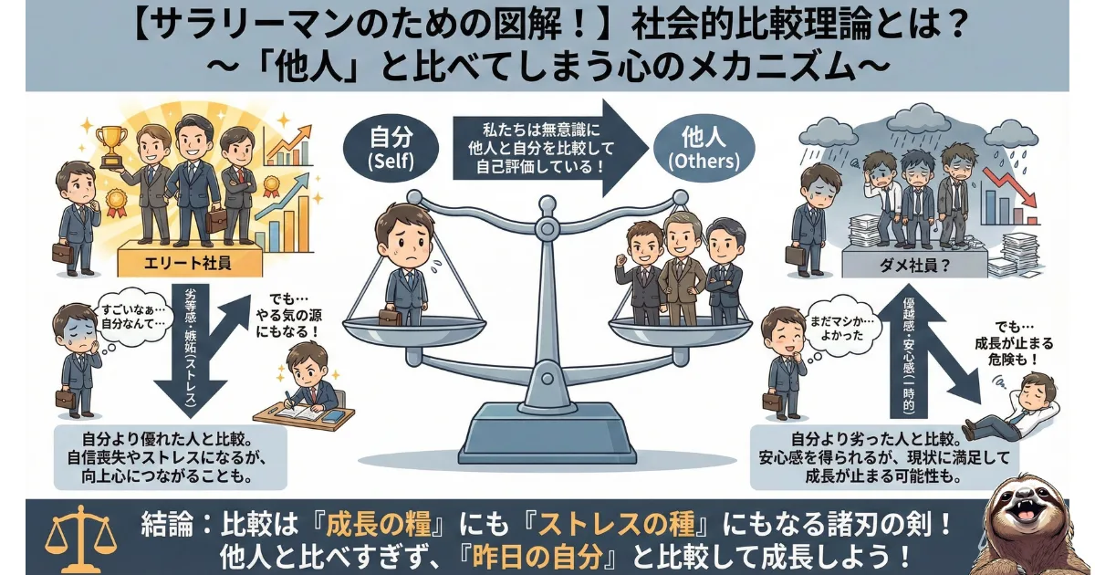 【図解】社会的比較理論のメカニズム:自分より優れた人と比べる「上方比較(劣等感・向上心)」と、劣った人と比べる「下方比較(安心感・停滞)」の心理的影響を整理したチャート。他人との比較をやめ、「昨日の自分」と比較することの重要性を説く心理学