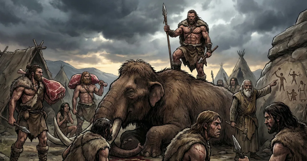 【イラスト】原始時代の役割分担と生存戦略:マンモスを狩る「肉体的な強者」と、壁画を描き知恵を残す「知的な弱者」の対比。人類が生き残れたのは、全員が強かったからではなく、それぞれの「適材適所」で能力を発揮したからであることを示す図