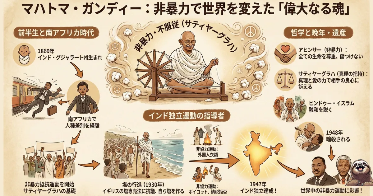 【図解】マハトマ・ガンディーの生涯と非暴力の哲学:南アフリカでの被差別体験から、「塩の行進」などの非暴力・不服従運動(サティヤーグラハ)を経てインド独立を達成するまでの軌跡。武力を使わず世界を変えた歴史的リーダーの生存戦略
