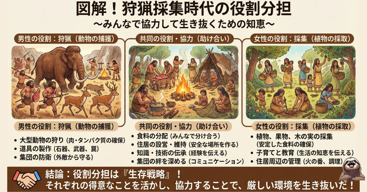 【図解】狩猟採集時代の役割分担と生存戦略:男性の「狩猟(タンパク質確保)」、女性の「採集(安定した食料確保)」、そして共同での「協力(分配・教育)」という3つの機能が噛み合っていたことを示すチャート。人類が生き残れたのは個人の力ではなくチームワーク(適材適所)のおかげであることを解説