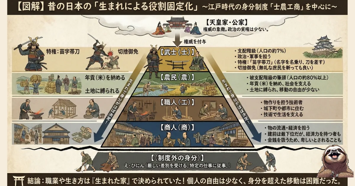 【図解】江戸時代の身分制度「士農工商」と役割の固定化:武士、農民、職人、商人というピラミッド型の階級社会において、生まれながらに職業や生き方が決められていたことを示すチャート。個人の自由がなく、家柄で人生が決まった歴史的背景