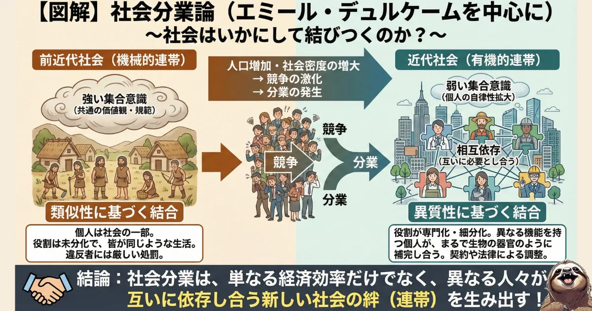 【図解】エミール・デュルケームの社会分業論:前近代の「機械的連帯(類似性による結合)」から、現代の「有機的連帯(異質性・相互依存による結合)」への進化を示したチャート。役割が細分化された現代社会では、異なる個性が補い合うことで絆が生まれる仕組み