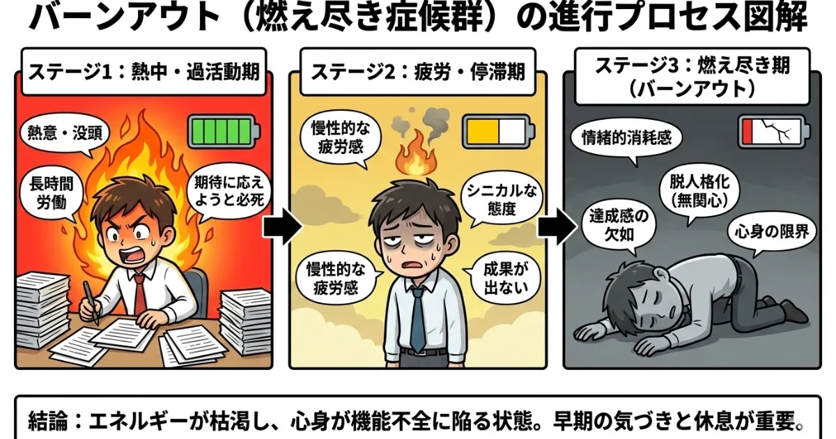 【図解】バーンアウト(燃え尽き症候群)の3段階進行プロセス:1.期待に応えようと無理をする「熱中・過活動期」、2.慢性疲労とシニカルさが現れる「疲労・停滞期」、3.心身が機能不全に陥る「燃え尽き期(脱人格化・情緒的消耗)」の症状変化チャート
