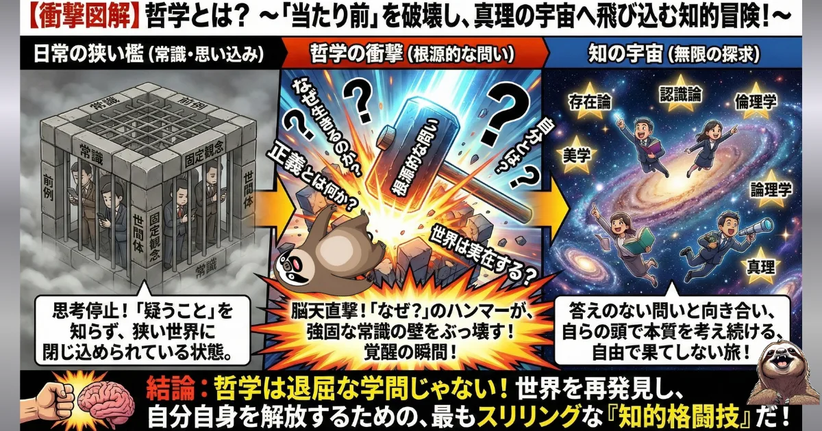 【図解】哲学とは何か?:「常識」や「固定観念」という狭い檻を、「なぜ?」という根源的な問い(ハンマー)で破壊し、真理の宇宙へ飛び出す知的冒険であることを示したイラスト。思考停止から脱却し、自分の頭で本質を考えることの重要性を説く