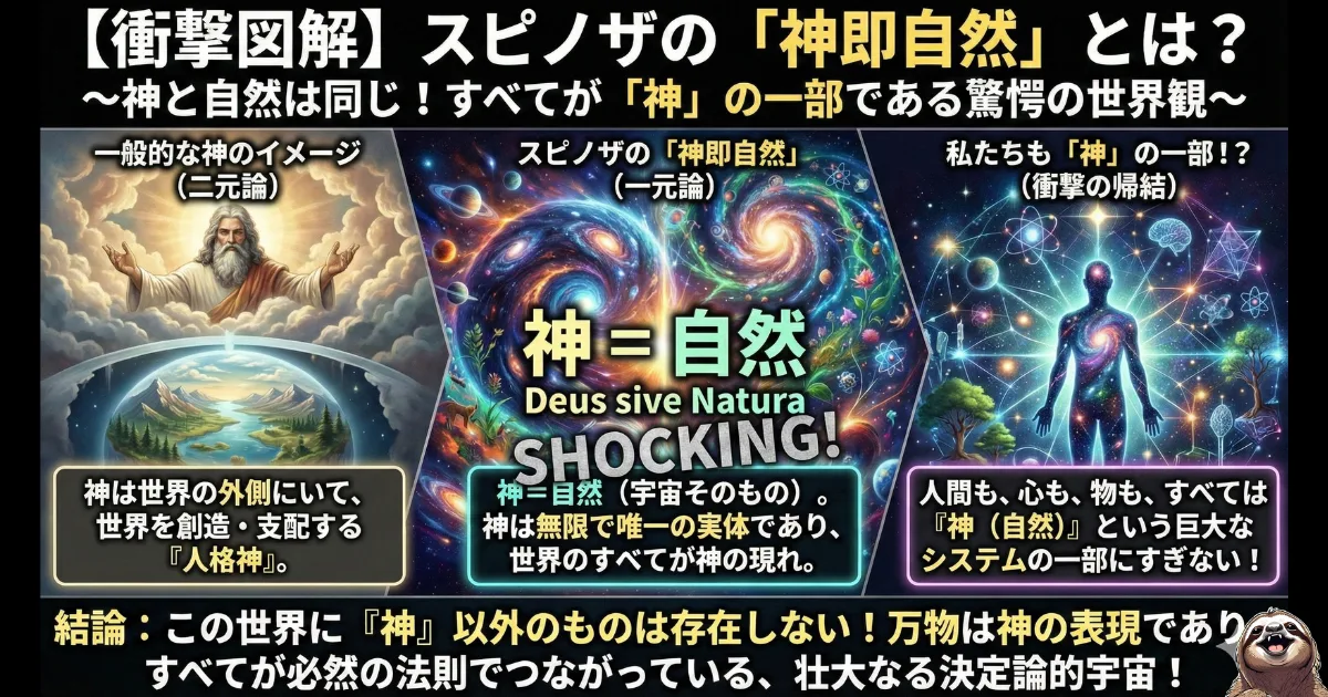 【衝撃図解】スピノザの「神即自然(Deus sive Natura)」とは:一般的な「人格神(二元論)」と、スピノザが説く「神=自然(一元論・汎神論)」の違いを比較したチャート。人間も万物も神という巨大なシステムの一部であり、すべては必然の法則で繋がっている決定論的世界観