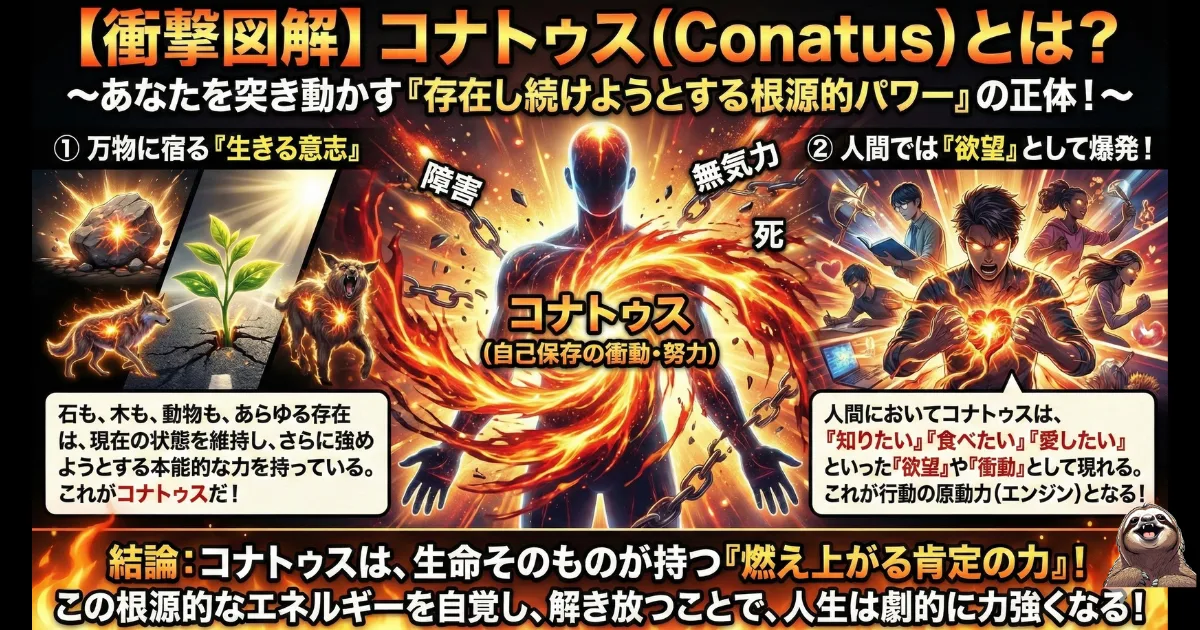 【図解】スピノザの「コナトゥス(Conatus)」とは:万物に宿る「現在の状態を維持しようとする根源的な力(自己保存の衝動)」。人間においては「欲望」や「衝動」として現れ、障害や無気力を乗り越えて人生を突き動かすエンジンとなる哲学概念