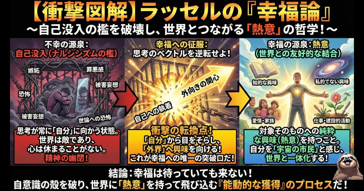 【図解】ラッセルの『幸福論』要約:不幸の原因である「自己没入(ナルシシズムの檻)」を破壊し、思考のベクトルを「外向きの関心(熱意)」に切り替えることで幸福を獲得するプロセス。自分への執着を捨て、世界と友好的に結びつくことの重要性を説く哲学