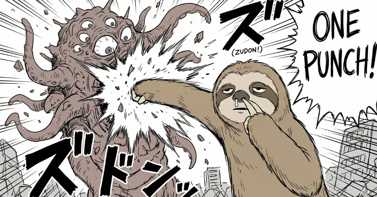 【パロディイラスト】ワンパンマンのサイタマのように鼻をほじりながら怪物を一撃で倒すナマケモノ:ハゲるほど頑張る(過剰な努力)のではなく、淡々とした「習慣化」の継続によって圧倒的な力を手に入れる「ゆるく最強」のイメージ図