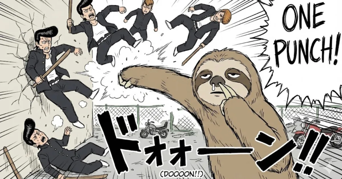 【パロディ図解】ワンパンマンのように不良集団を一撃で倒すナマケ者:鼻をほじりながらの「ONE PUNCH」で、襲いかかる敵(日常のトラブルやタスク)をまとめて吹き飛ばす様子。必死に頑張らなくても、習慣化さえすれば人生はイージーモードになることを表現