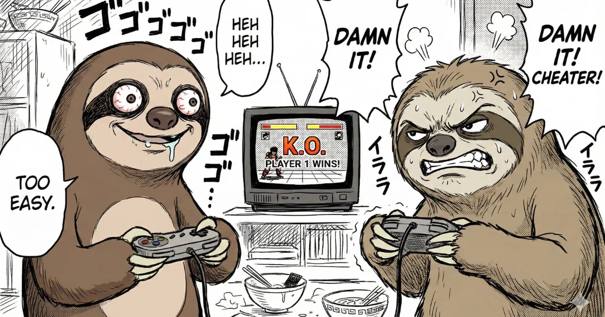 【比較図解】習慣化(イージーモード)vs 努力(ハードモード):必死に操作しても勝てないナマケモノ(右)と、リラックスした無意識状態で楽勝するナマケモノ(左)の対戦ゲーム。習慣の力がもたらす圧倒的なパフォーマンス格差