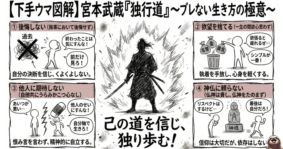 【下手ウマ図解】宮本武蔵『独行道』の4つの教え:1.後悔しない、2.欲望を捨てる、3.他人に期待しない、4.神仏に頼らない。ワンパンマン・サイタマにも通じる、孤高でブレないメンタルを手に入れるための行動指針