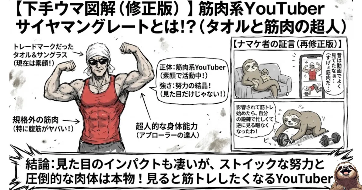 【下手ウマ図解】筋肉系YouTuberサイヤマングレートと行動変容:規格外の筋肉とアブローラーの実力を持つ彼に影響され、動画を見る側(視聴者)から、自ら筋トレをする側(実践者)へと変わったナマケ者のビフォーアフター