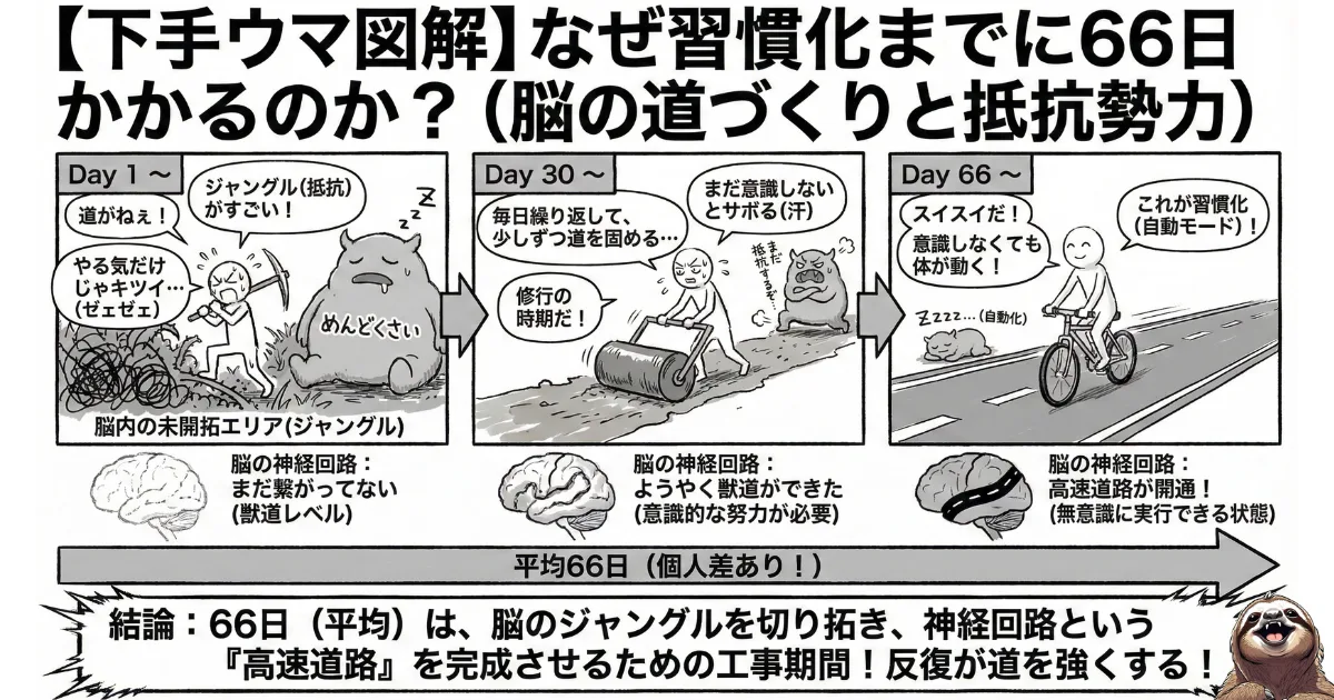 【下手ウマ図解】なぜ習慣化までに66日かかるのか:脳の神経回路が「未開拓のジャングル(抵抗大)」から「獣道(意識的努力)」を経て、無意識に実行できる「高速道路(自動モード)」へと変化するまでの3段階プロセスを描いたイラスト