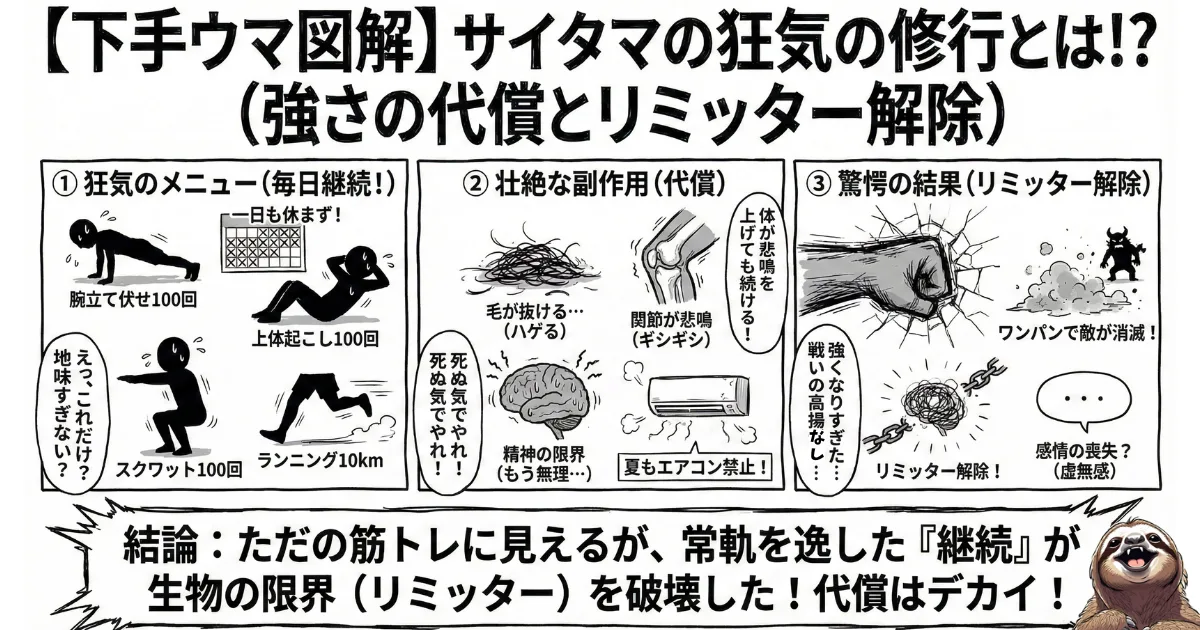 【下手ウマ図解】ワンパンマン・サイタマの強さの秘密と代償:腕立て・腹筋・スクワット100回、ランニング10kmという「狂気のメニュー」を毎日継続した結果、毛が抜ける(ハゲる)副作用と引き換えに、生物のリミッターを解除し最強になったプロセス