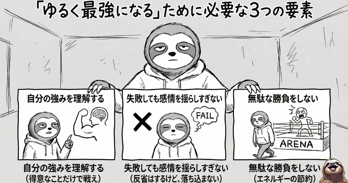 【図解】「ゆるく最強になる」ために必要な3つの要素:1.自分の強みを理解する(得意なことだけで戦う)、2.失敗しても感情を揺らしすぎない(反省しても落ち込まない)、3.無駄な勝負をしない(エネルギーの節約)。サイタマ流のメンタル管理術