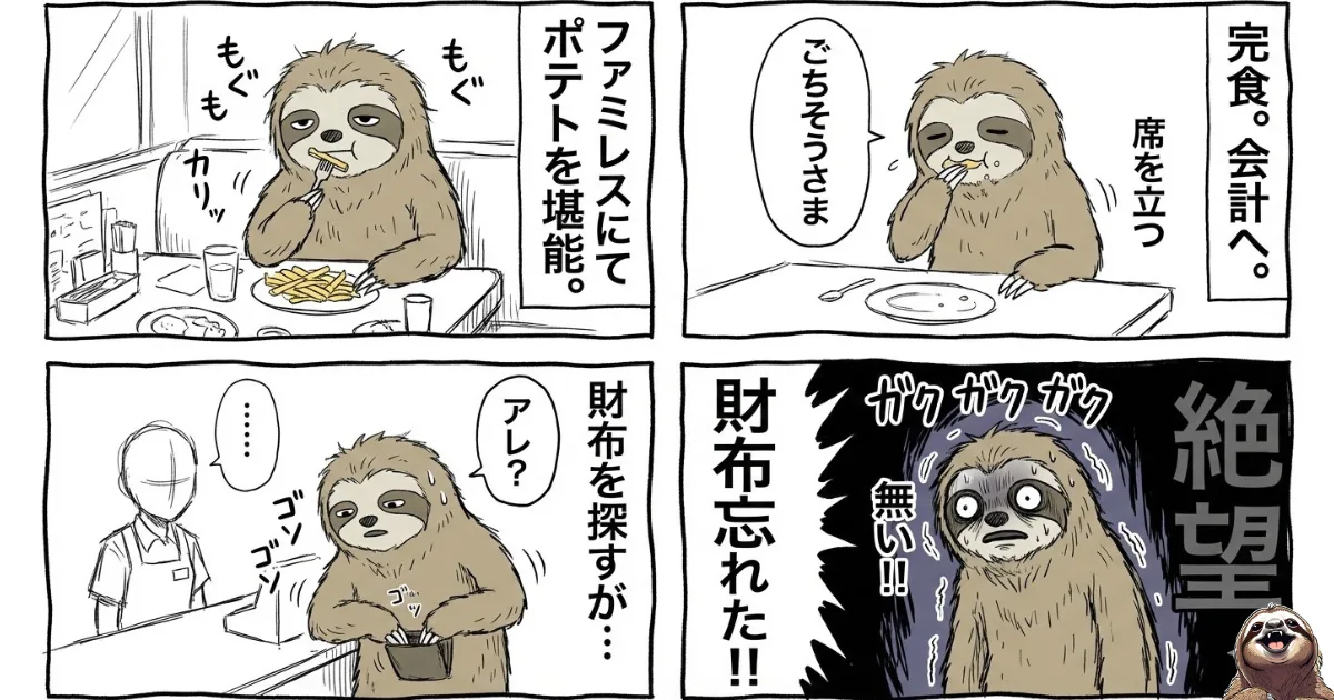 【4コマ漫画】日常に潜む最強の敵:ファミレスでポテトを堪能した後、会計時に「財布を忘れた」ことに気づき、顔面蒼白で震えるナマケモノ。「絶望」という文字と共に、どんなに強くても勝てない日常のトラブルを描いたオチ