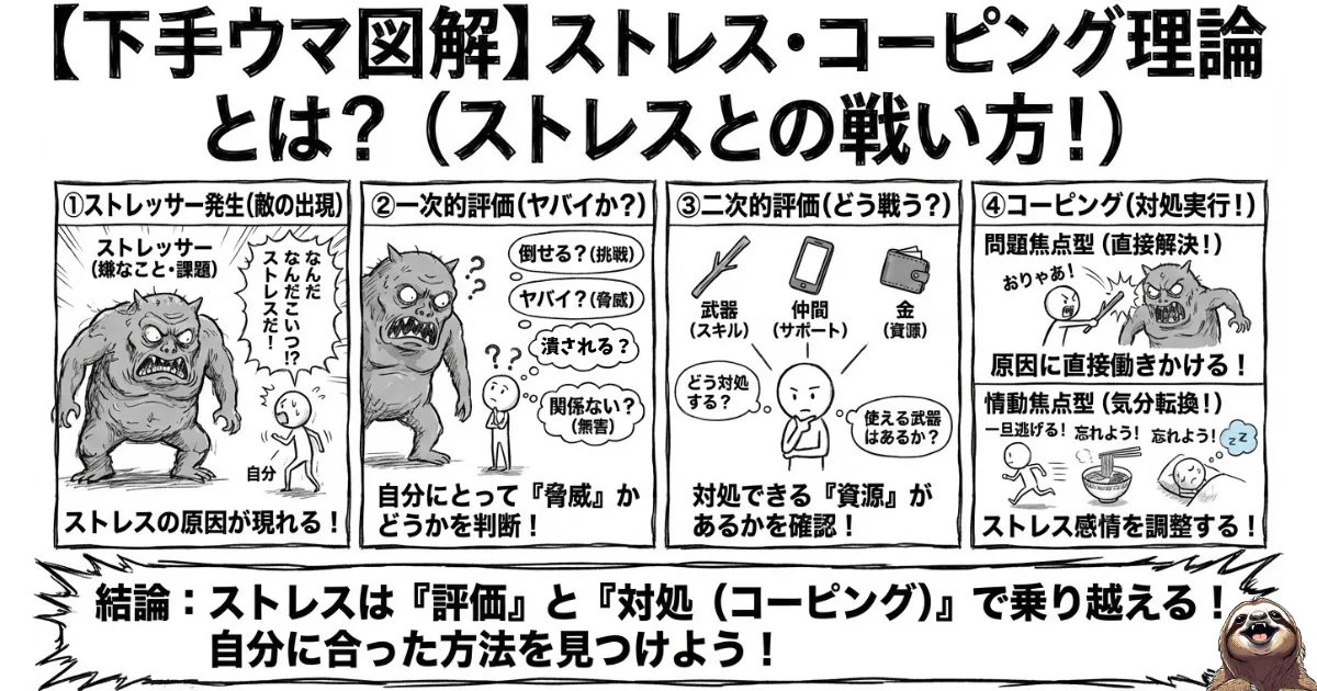 【下手ウマ図解】ストレス・コーピング理論(ラザルス)の4段階プロセス:1.ストレッサー発生(敵の出現)、2.一次的評価(脅威か挑戦か)、3.二次的評価(対処資源の有無)、4.コーピング実行(問題解決または気分転換)。ストレスとの戦い方を体系化した図