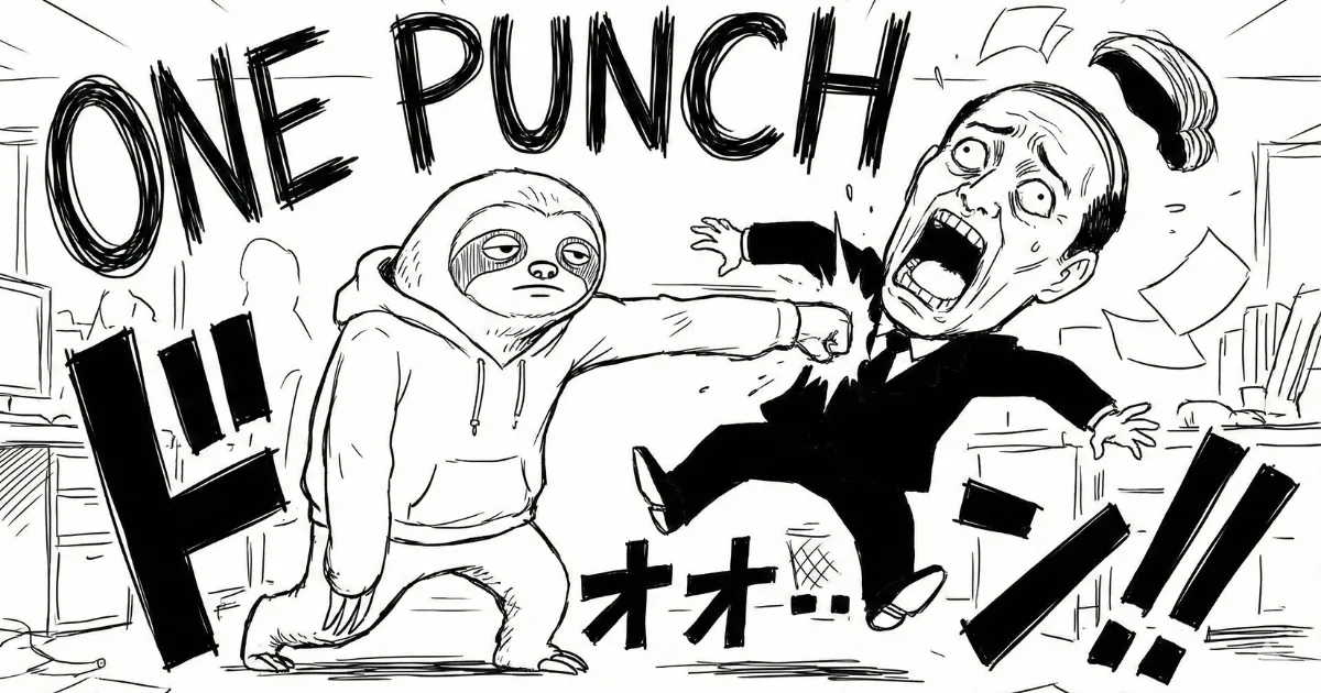 【パロディイラスト】ワンパンマン風に上司を吹っ飛ばすナマケモノ:「ONE PUNCH」の一撃で、理不尽な要求やストレス(敵)を粉砕する様子。衝撃でカツラが飛ぶ演出により、「自分がハゲるほど頑張る必要はない」というメッセージを込めた図