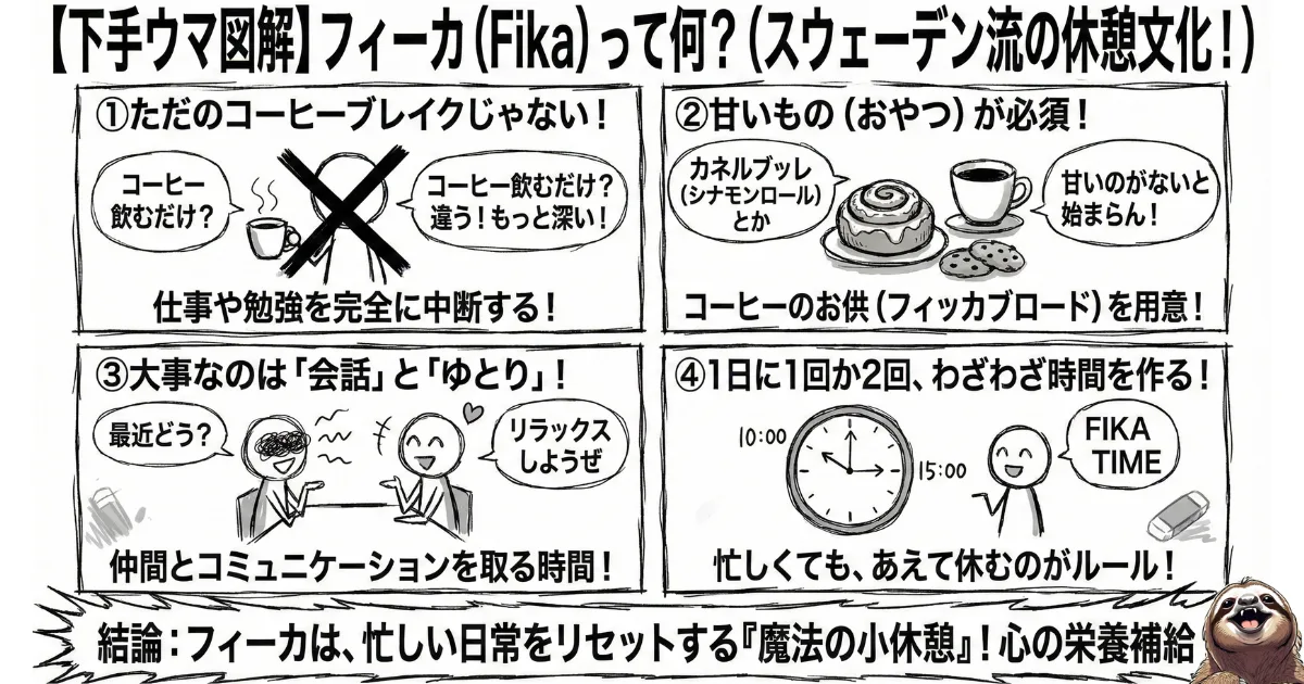 【下手ウマ図解】スウェーデン流の休憩文化「フィーカ(Fika)」の4つのルール:1.仕事を完全に中断する、2.甘いもの(シナモンロール等)とお茶を楽しむ、3.会話とゆとりを持つ、4.忙しくてもあえて時間を確保する。生産性を高める魔法の小休憩