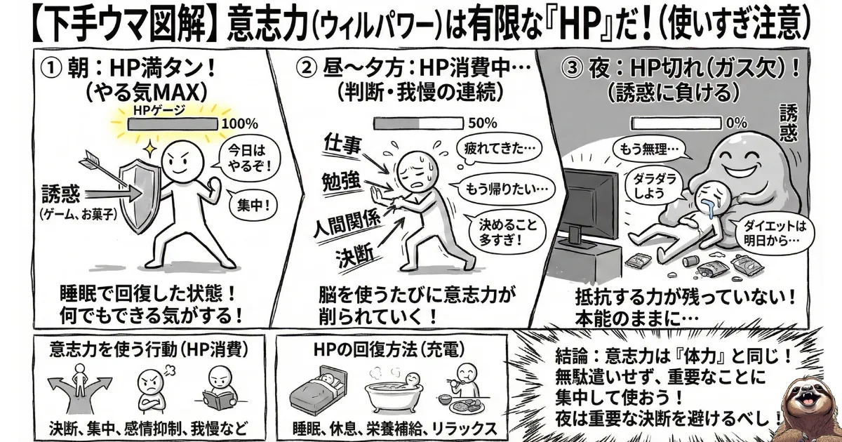 【下手ウマ図解】意志力(ウィルパワー)は有限な「HP」である:朝は満タンだが、日中の「決断」や「我慢」で消費され、夜にはガス欠になり誘惑に負けてしまうメカニズム。意志力を体力と同じ「消耗品」として扱う重要性を解説