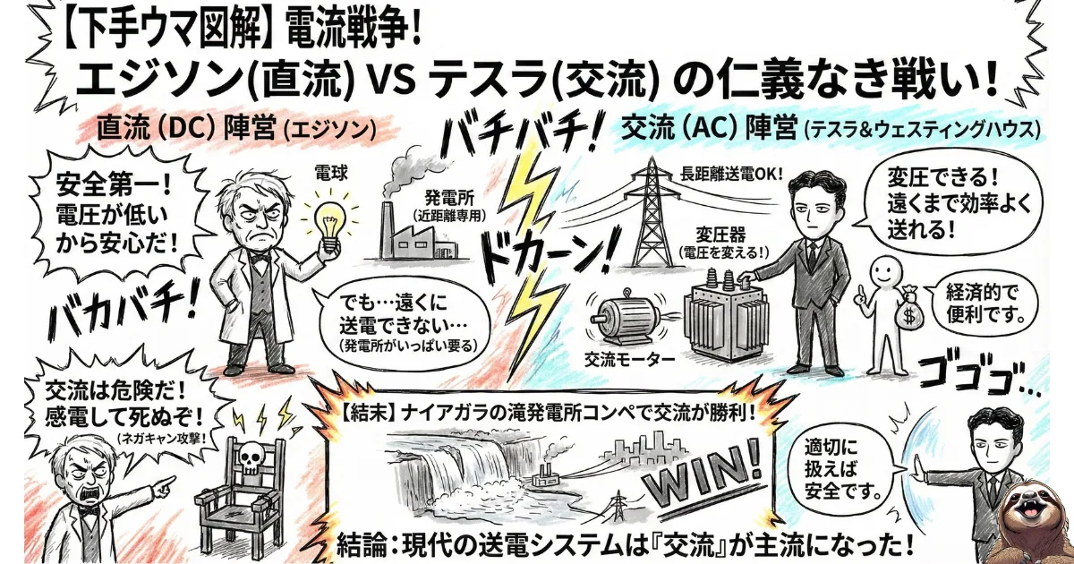 【下手ウマ図解】電流戦争(エジソンvsテスラ)の構図:近距離専門でコストがかかる「直流(DC)」のエジソンと、長距離送電が可能で効率的な「交流(AC)」のテスラの対立。最終的に効率の良い交流が勝利し、現代の主流となった歴史的教訓