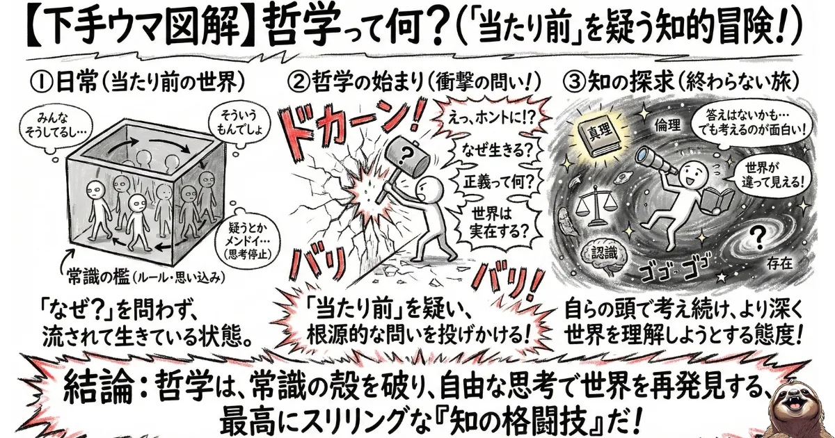 【下手ウマ図解】哲学とは何か?:「常識の檻(思考停止)」の中にいる日常から、「なぜ?」という問いのハンマーで壁を破壊し、広大な「知の探求(宇宙)」へと飛び出す3段階のプロセス。当たり前を疑い、世界を再発見する知的冒険の図解