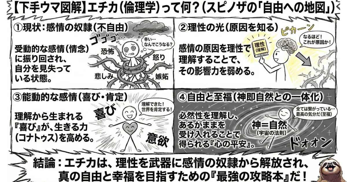 【下手ウマ図解】スピノザ『エチカ』の4段階プロセス:1.感情の奴隷(受動的感情に振り回される)、2.理性の光(原因を理解する)、3.能動的感情(喜び・コナトゥスを高める)、4.自由と至福(神即自然との一体化)。感情から解放され、真の自由を得るための哲学