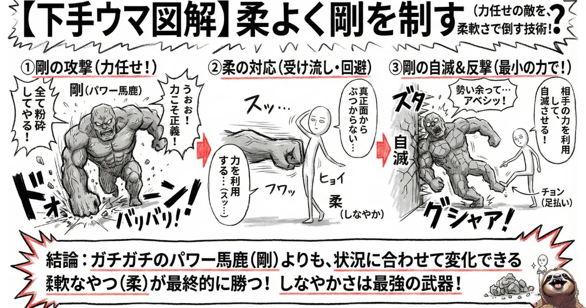 【下手ウマ図解】柔よく剛を制す(力任せの敵を柔軟さで倒す技術):1.剛の攻撃(力任せに突進)、2.柔の対応(受け流し・回避)、3.剛の自滅&反撃(相手の力を利用)。ガチガチのパワー馬鹿よりも、状況に合わせて変化できる「しなやかさ」が最強である理由