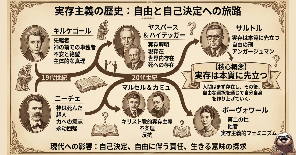 【図解】実存主義の歴史と主要哲学者:19世紀のキルケゴール(不安)、ニーチェ(神の死)から、20世紀のヤスパース、ハイデガー、カミュを経て、サルトルの「実存は本質に先立つ」に至る系譜。自由と自己決定の旅路をまとめた相関図