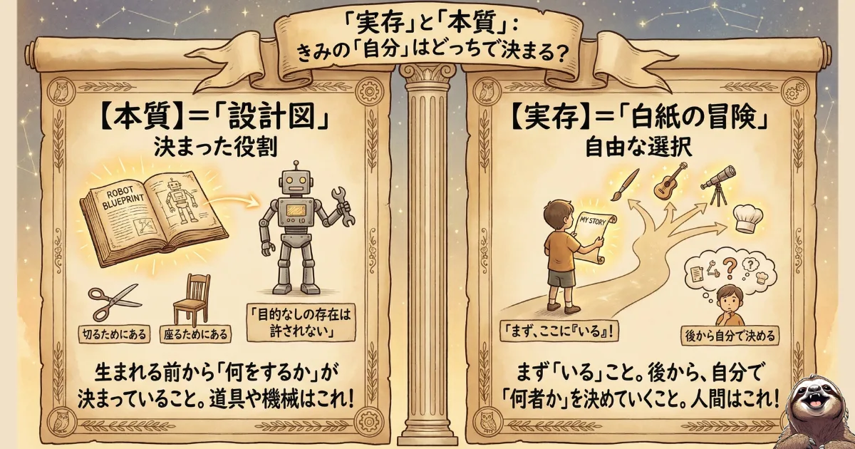 【図解】「実存」と「本質」の決定的な違い:目的が決まっている「本質(例:ロボット=設計図が先)」と、生き方を後から選べる「実存(例:人間=白紙の冒険が先)」の比較イラスト。サルトル哲学における「自由な選択」の意味を解説
