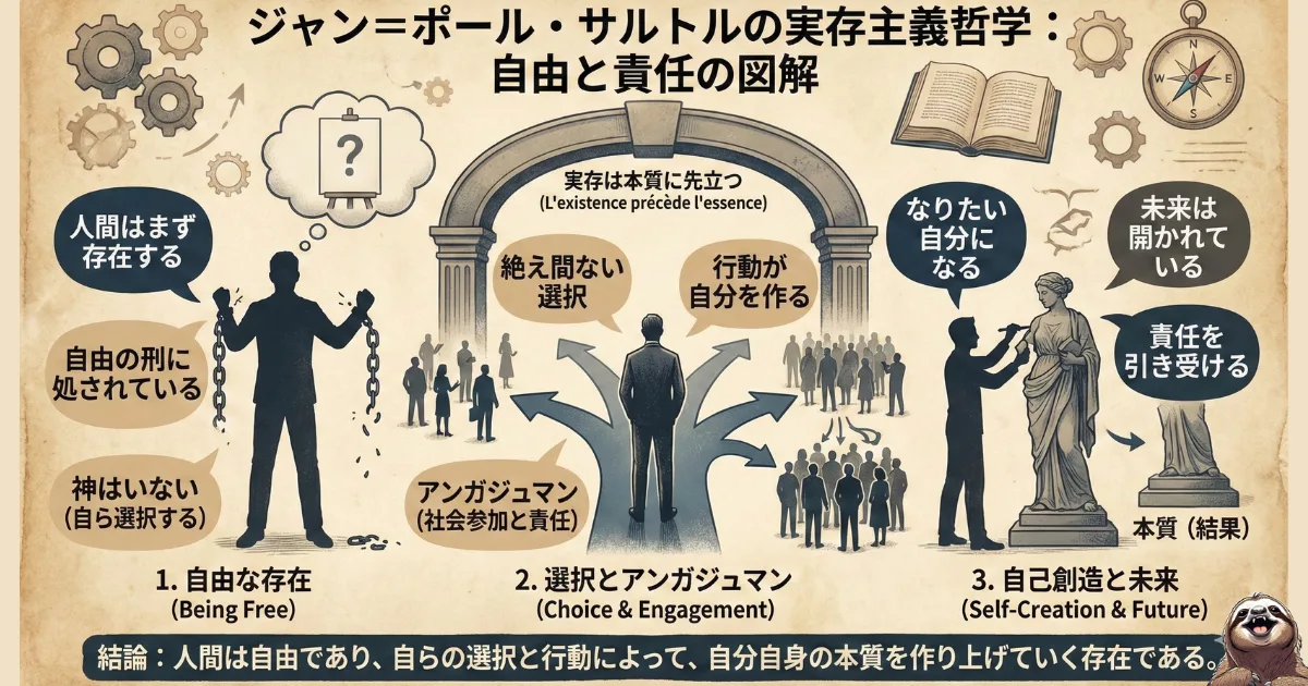 【図解】ジャン=ポール・サルトルの実存主義哲学の全貌:1.自由な存在(神はいない・鎖からの解放)、2.選択とアンガージュマン(社会参加・行動が自分を作る)、3.自己創造(未来を彫刻する)。自由に伴う責任と、人生を自ら切り拓くプロセスを網羅した解説図
