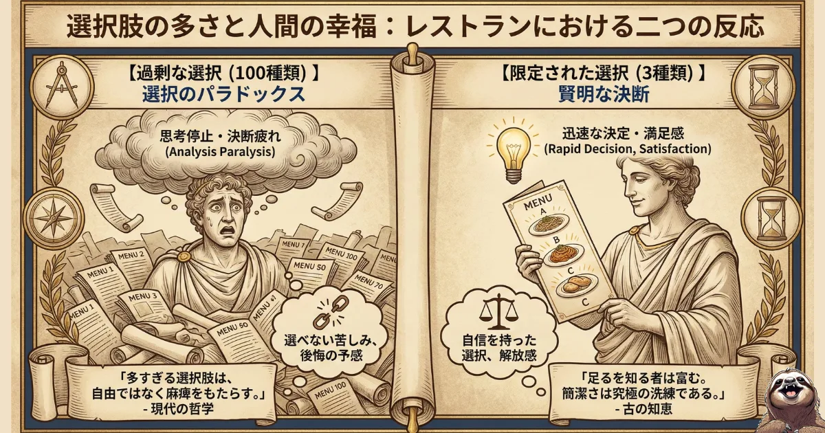【図解】選択のパラドックスと人間の幸福:選択肢が多すぎると「思考停止・後悔(不幸)」を招き、限定された選択肢の方が「迅速な決定・満足(幸福)」に繋がる心理メカニズム。サルトルの「自由の不安」をレストランのメニューで解説