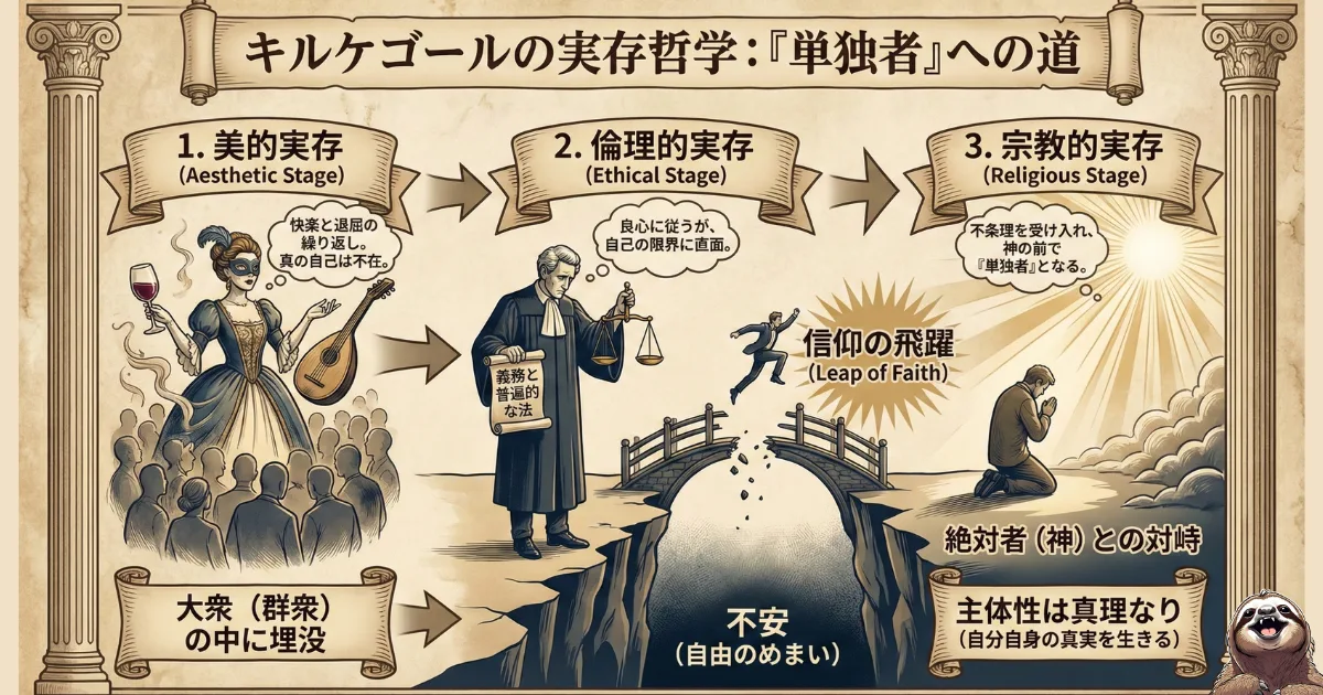 【図解】キルケゴールの「実存の3段階」:1.美的実存(快楽と退屈の繰り返し)、2.倫理的実存(良心と限界)、3.宗教的実存(単独者としての神との対峙)。「不安」の崖を「信仰の飛躍」で乗り越え、主体的な真理に到達するプロセス