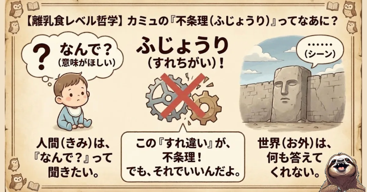 【離乳食レベル図解】カミュの「不条理」とは?:1.意味を求める「人間(赤ちゃん)」、2.沈黙する「世界(石像)」、3.両者の決定的な「すれ違い(噛み合わない歯車)」こそが不条理であると説く、超初心者向けの哲学解説