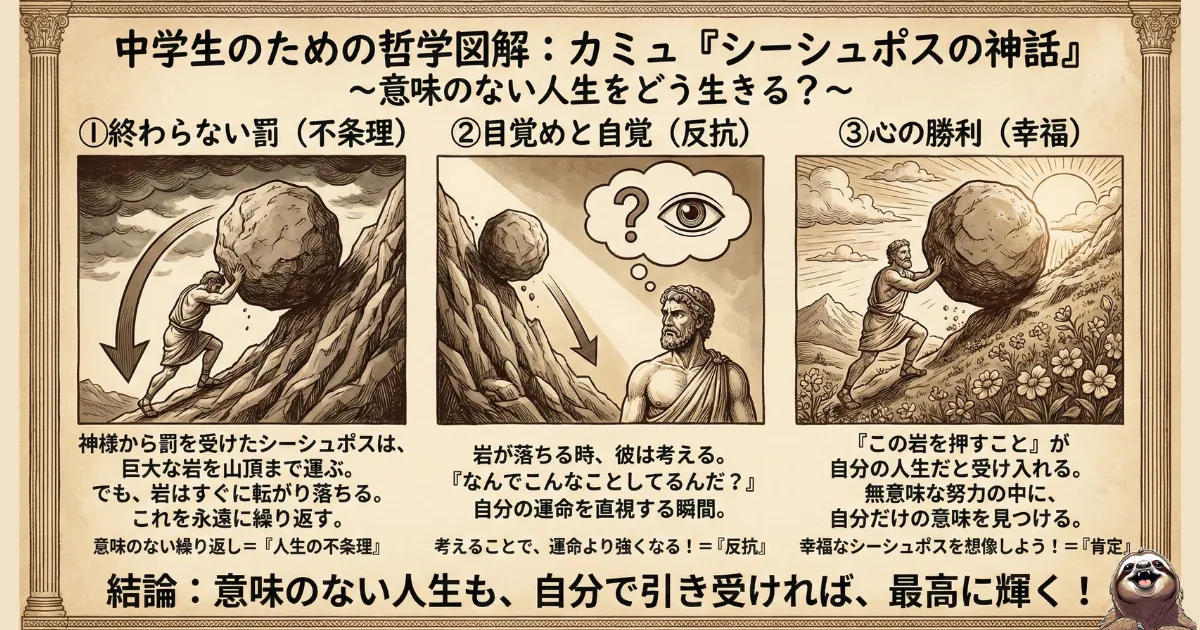 【図解】カミュ『シーシュポスの神話』の3段階プロセス:1.終わらない罰(不条理な運命)、2.目覚めと自覚(運命への反抗)、3.心の勝利(幸福)。意味のない人生を自ら引き受けることで、罰を喜びに変える哲学を中学生向けに解説