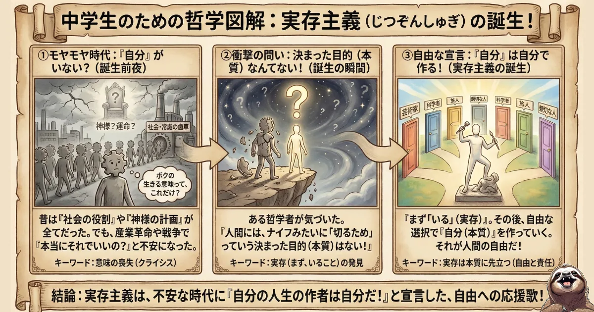 【中学生向け図解】実存主義の誕生と意味をわかりやすく解説:1.産業革命や戦争による「意味の喪失(不安)」、2.決まった目的はないという「実存の発見」、3.自分の人生は自分で作るという「自由の宣言」。時代背景から思想の核心までを網羅したイラスト