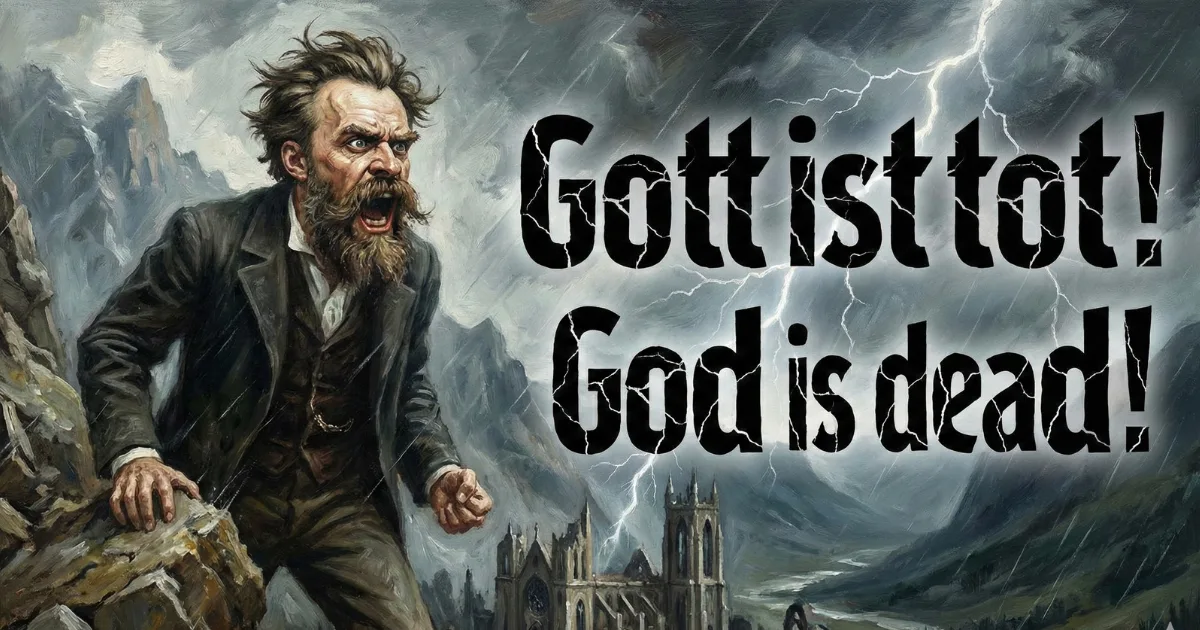 【迫力のイラスト】フリードリヒ・ニーチェの「神は死んだ(Gott ist tot)」:嵐の中で絶叫する哲学者と崩れ去る教会の背景。絶対的な価値観(キリスト教的道徳)の崩壊と、実存主義へと繋がるニヒリズムの到来を表現した図