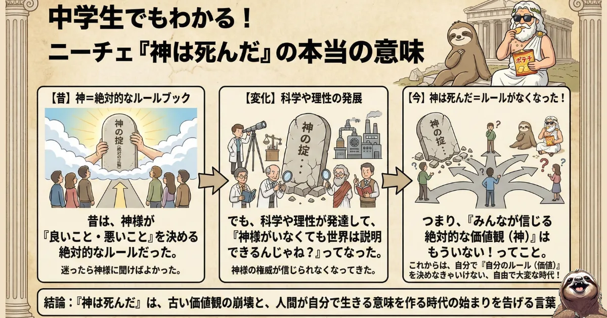 【中学生でもわかる図解】ニーチェ「神は死んだ」の本当の意味:1.昔は「神=絶対的なルールブック」だった、2.科学の発展で神の権威が揺らいだ、3.今は絶対的な価値観が消え「自分でルールを決める時代」になった。実存主義の前提となる思想解説